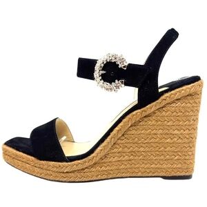 Mirabelle Crystal-Embellished Leather Espadrille Wedge Sandals in Black